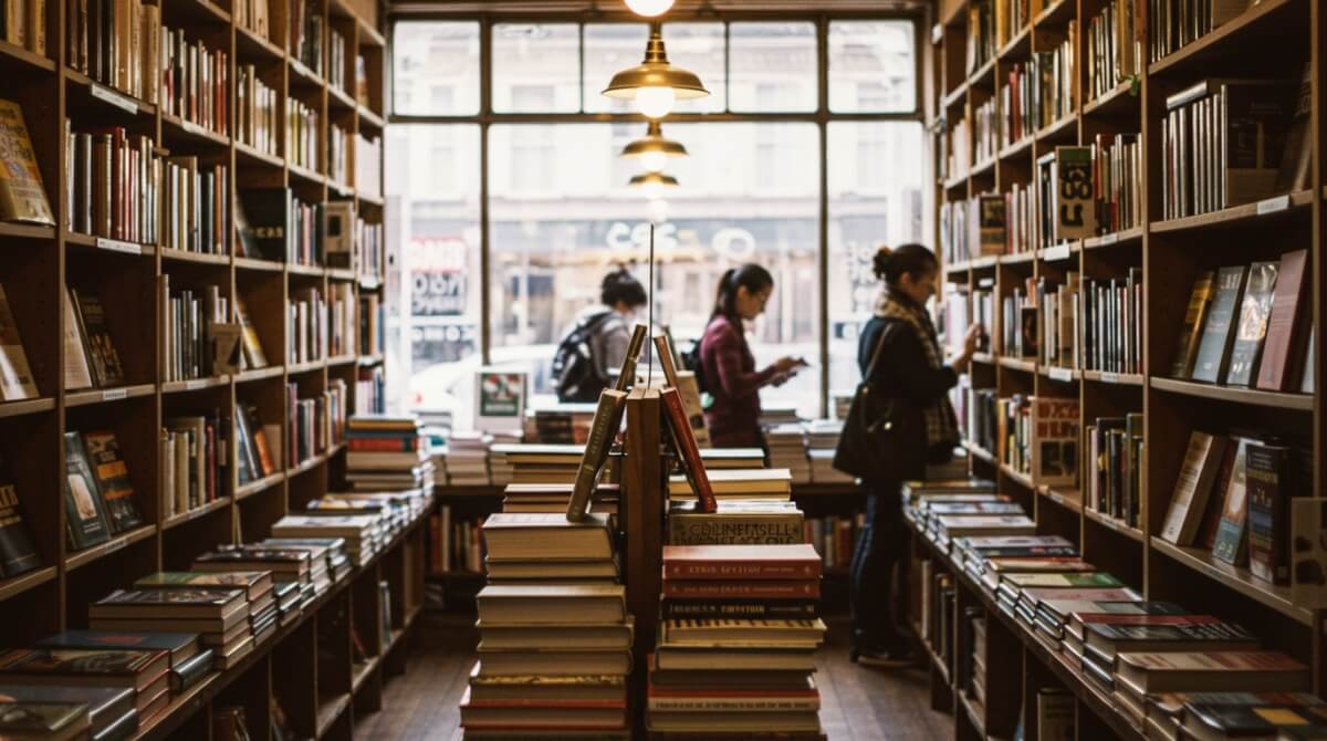 Edição de livro - Livraria com estantes cheias de livros.